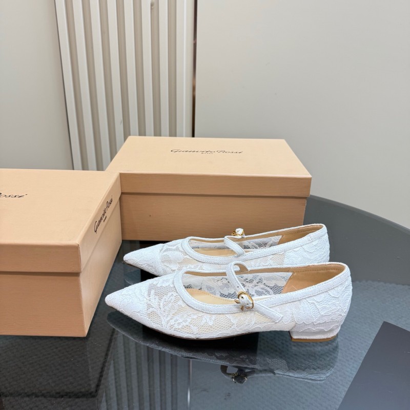 2025 Women Gianvito Rossi White Lace Leather Low Heel Ballerina KFY00260