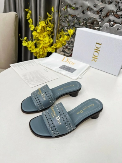 2025 Women Dior Blue Leather Slide Sandals LY00210