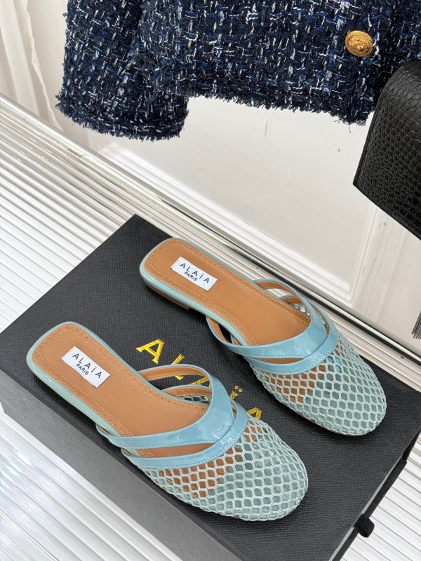 2025 Women AlAIA Light Blue White Leather Mesh Flat Slippers