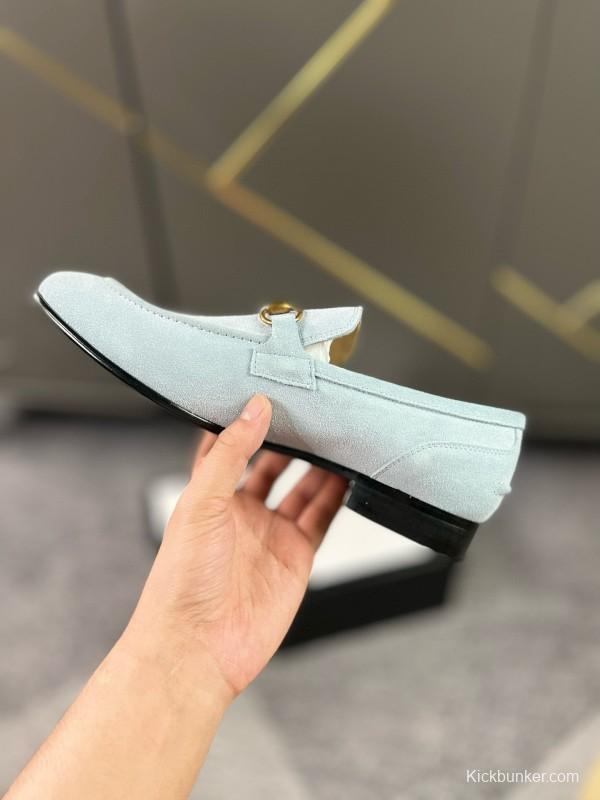 2024 Women Gucci Light Blue Suede Loafers MJ00280