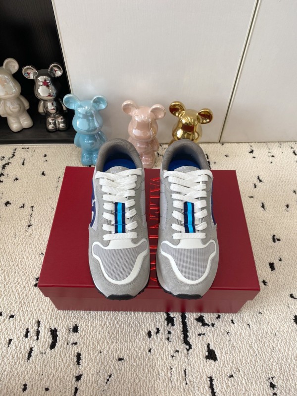 2025 Unisex Valentino Grey Blue White Leather Silk Glossy Running Sneakers LY00340