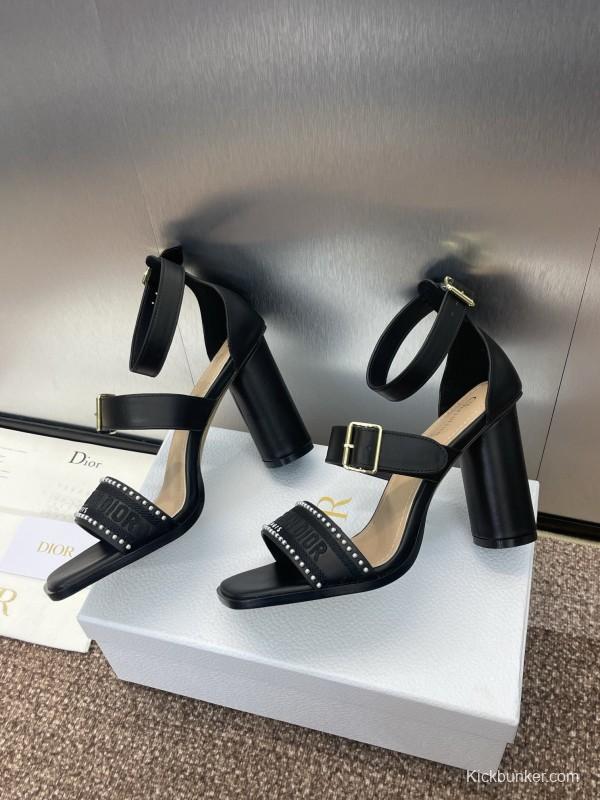 2025 Women Dior Black Leather High Heel Sandals Studded KFY00320