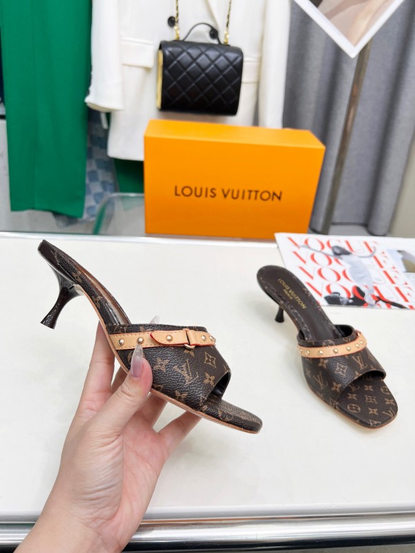 2025 Women Louis Vuitton Brown Leather Kitten Heel Mules LY00260