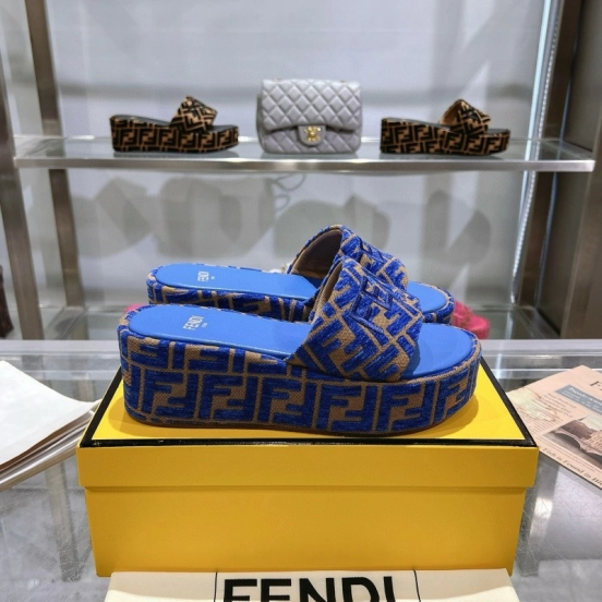 2025 Fendi Blue Brown Canvas Slippers