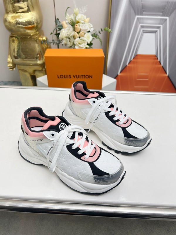 2025 Women Louis Vuitton White Black Pink Leather Mesh Sneakers LY00340