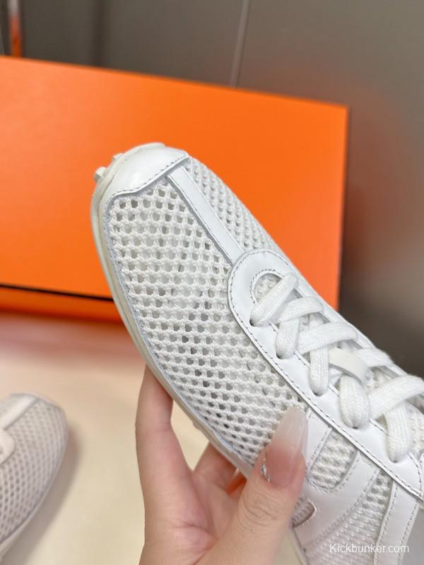 2025 Women Hermès White Leather Mesh Sneakers KFY00250