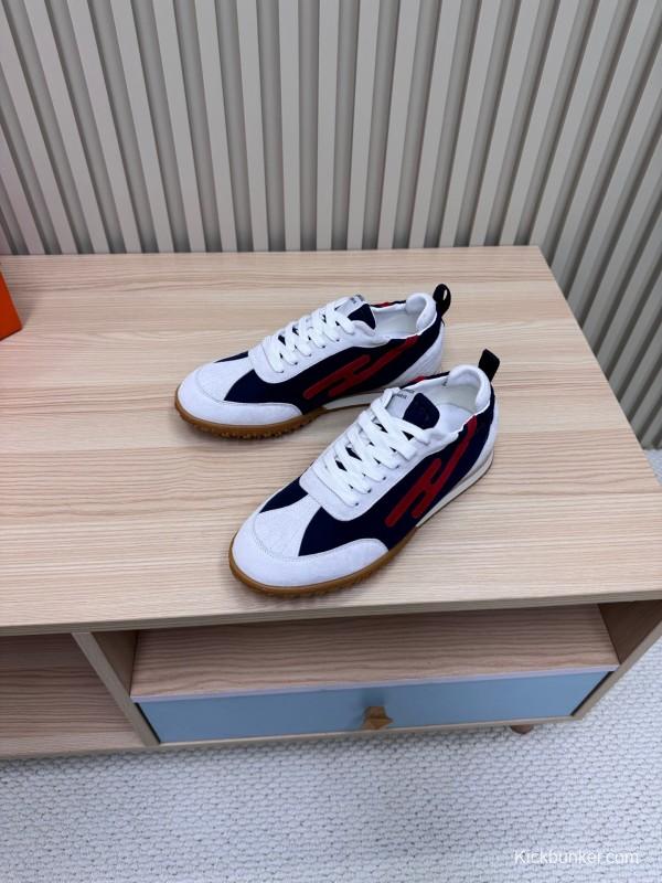 2025 Unisex Hermès White Navy Red Suede Down Fabric Sneakers Top Version LY00310