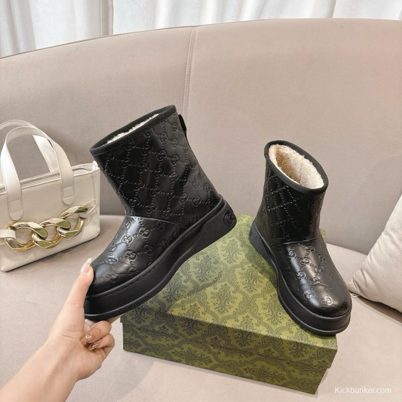 2024 Women Gucci Black Leather Suede Shearling Snow Boots MJ00350