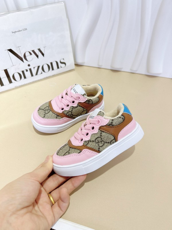 2024 Kids Gucci Pink Beige Canvas Leather Sneakers