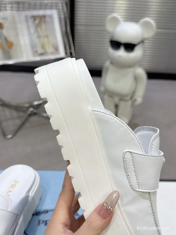 2025 Women Prada White Leather Slip-On Loafers