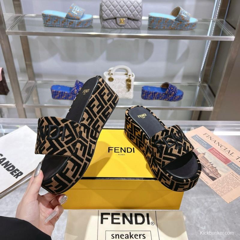 2025 Fendi Black Beige Canvas Platform Slippers