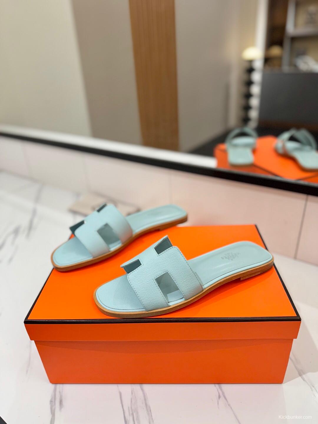 2025 Women Hermès Light Blue Leather Slippers