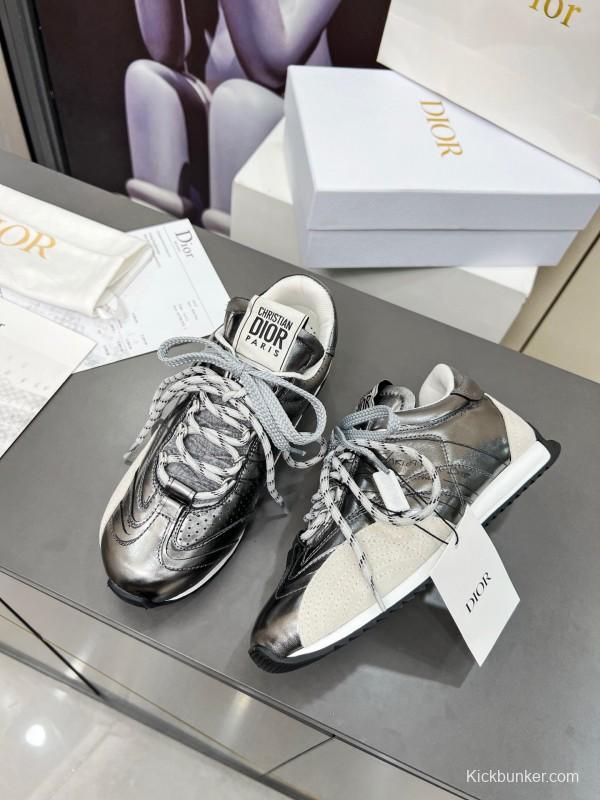 2025 Women Dior Silver Leather Suede Sneakers Christian Dior Paris KFY00310