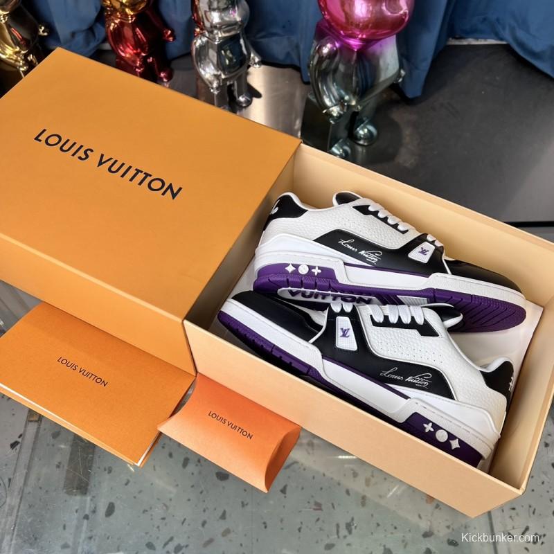 2025 Unisex Louis Vuitton White Black Purple Leather LV Trainer
