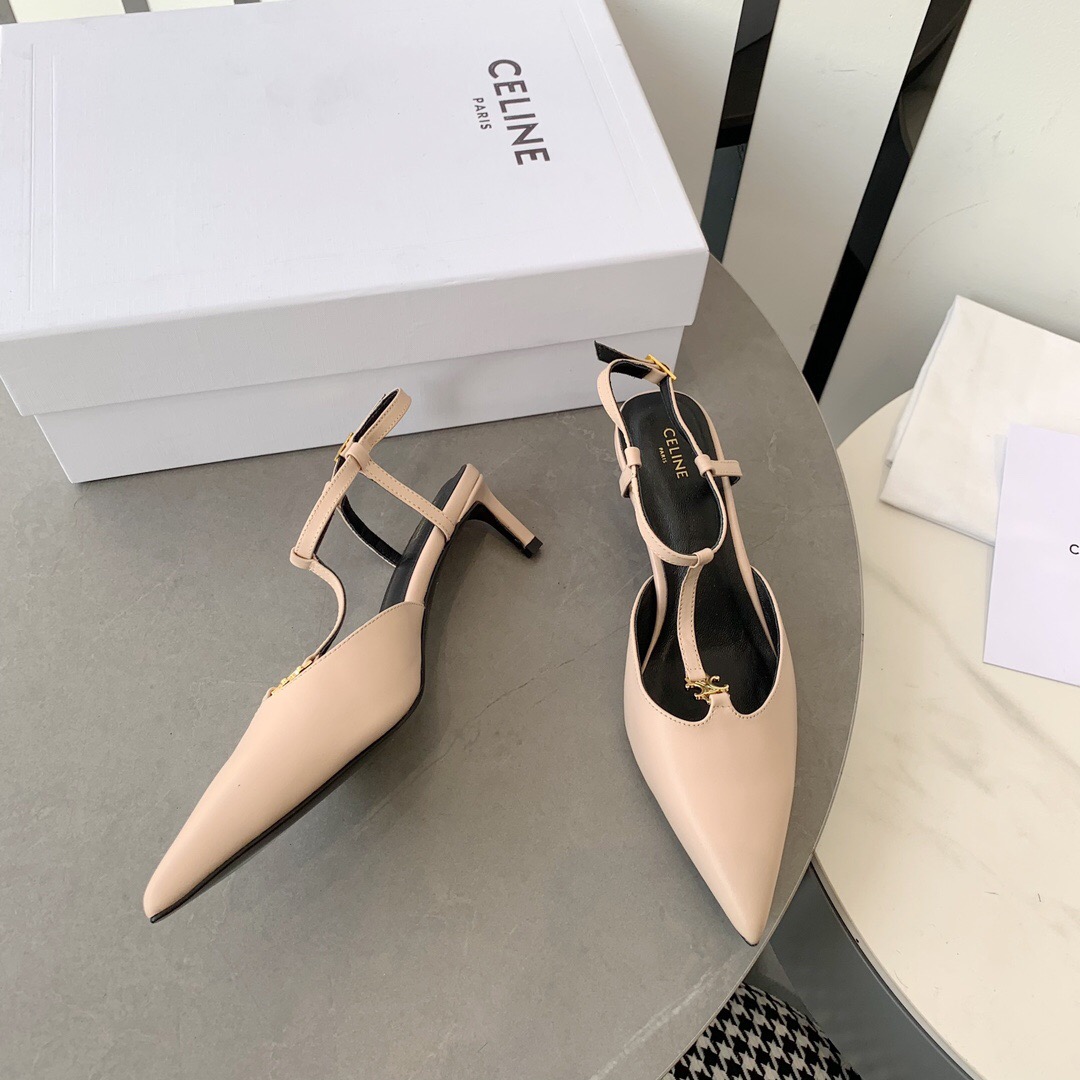 2025 Women Celine Beige Calfskin T-Strap Pumps