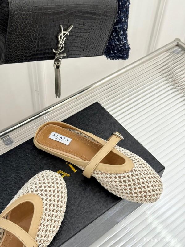 2025 Slippers ALALIA Beige Mesh Leather Flat Buckle