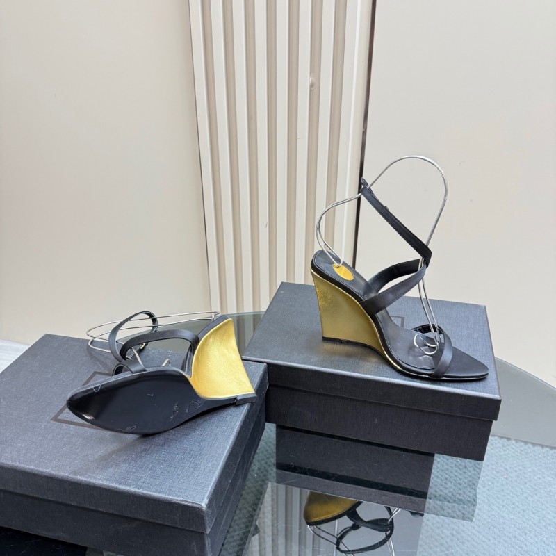 2025 Women Yves Saint Laurent Black And Gold Wedge Sandals Premium Leather Elegant Design LY00360(F)