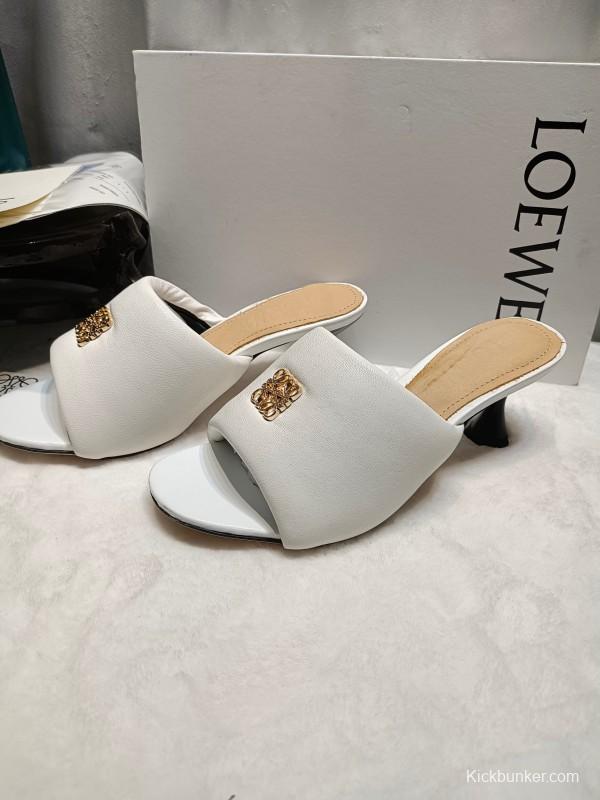 2025 Women Loewe White Leather Slide Heels LY00270