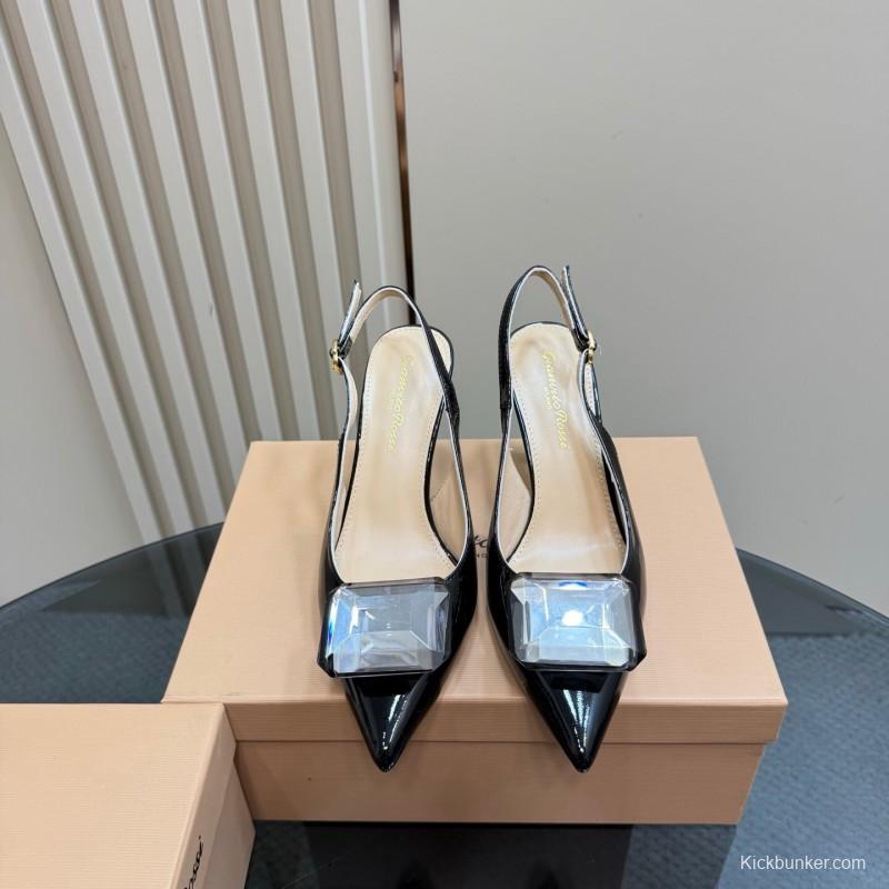 2025 Women Gianvito Rossi Black Patent Leather Slingback Heels KFY00300
