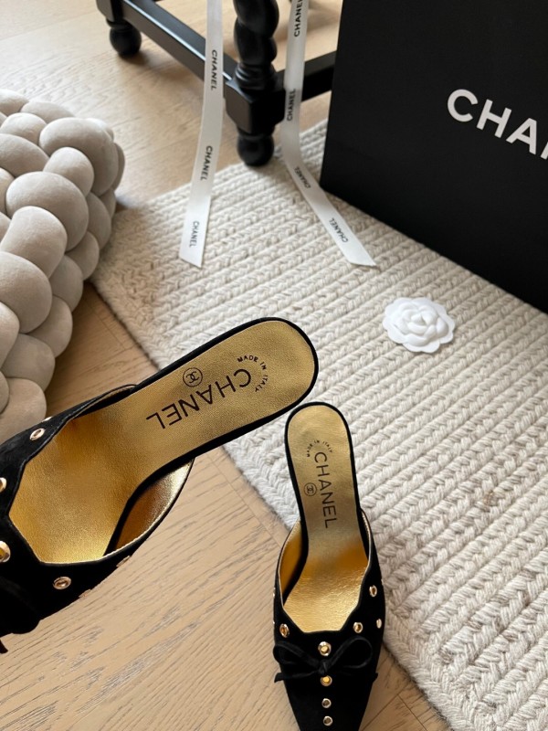 2025 Women Chanel Black Suede Pointed Toe Studded Mules