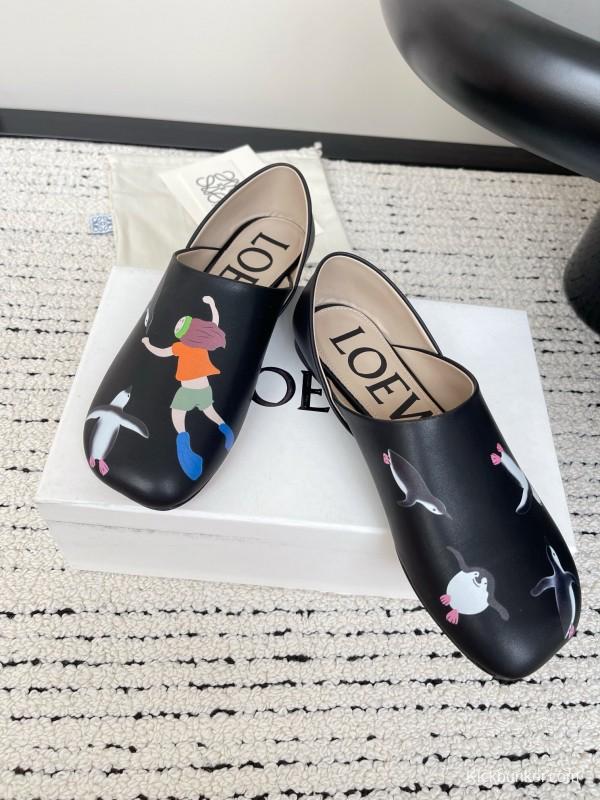 2025 Women Loewe Black Leather Loafers Painted LY00270