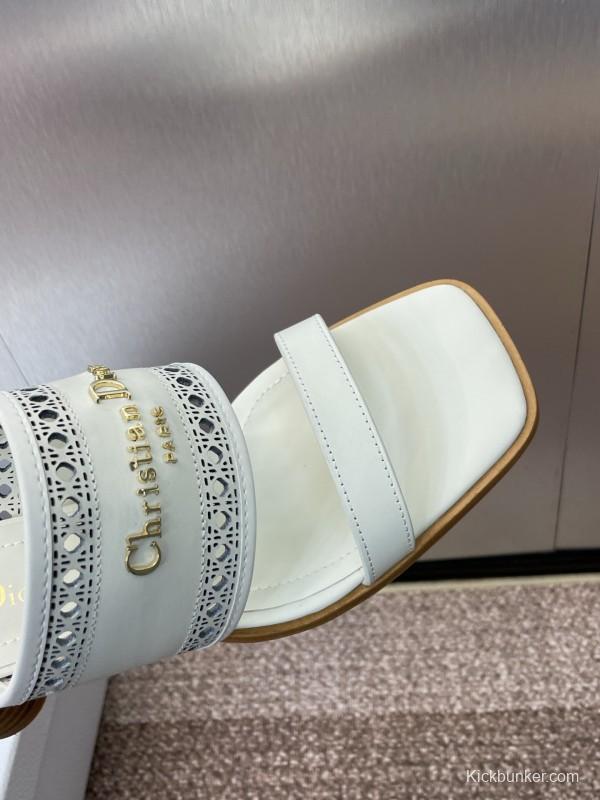 2025 Women Dior White Leather Slide Sandals