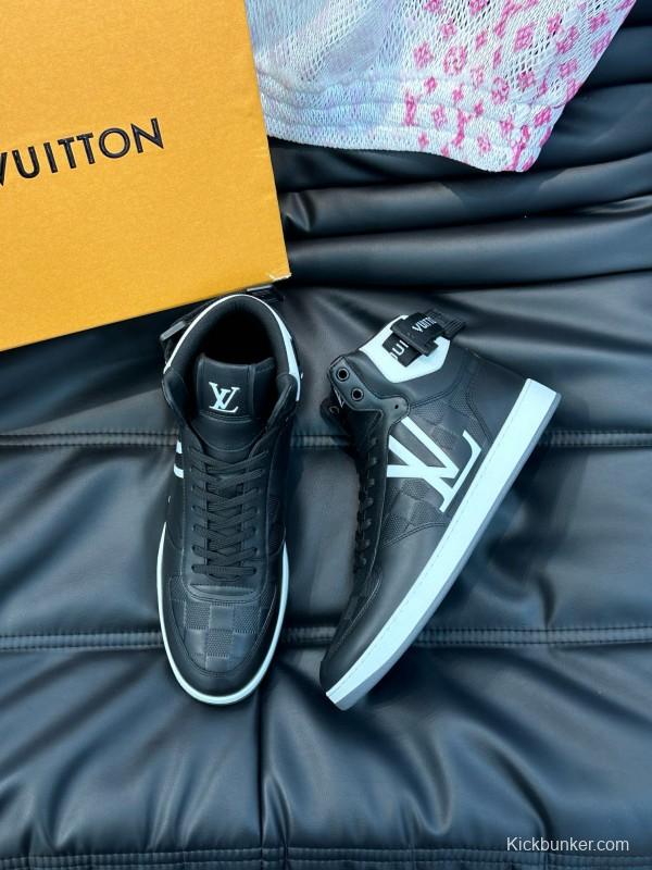 2024 Men Louis Vuitton Black White Leather High-Top Sneakers MJ00420