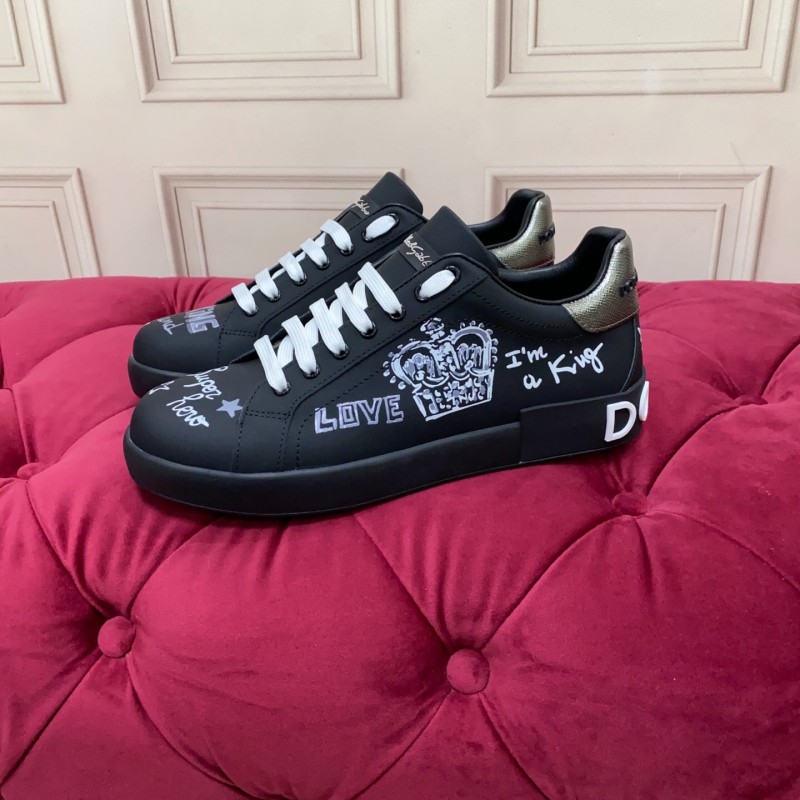 2025 Men Dolce & Gabbana Black Silk Leather Sneakers Crown Embellishment LY00360