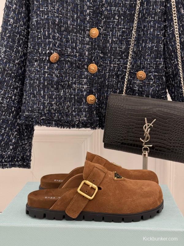 2025 Women Prada Brown Suede Slippers KFY00280