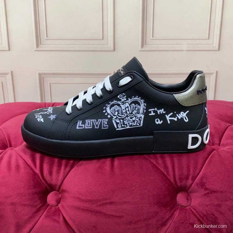 2025 Men Dolce & Gabbana Black Silk Leather Sneakers Crown Embellishment LY00360