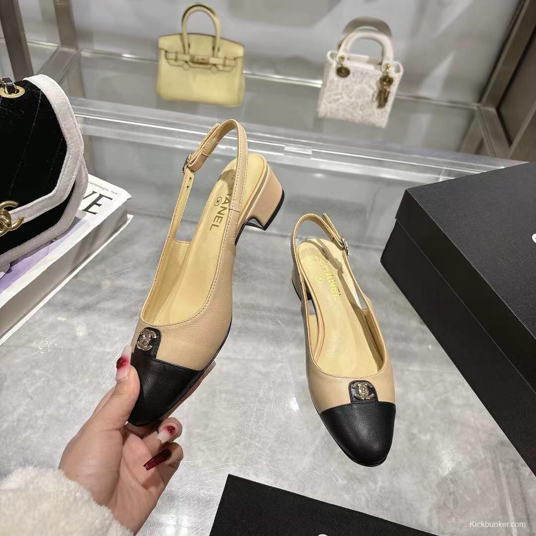 2025 Women Chanel Beige Black Leather Slingback Sandals LY00300