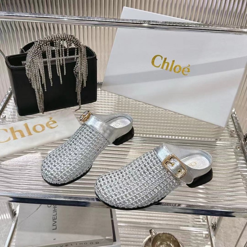 2025 Women Chloé Silver Leather Woven Slippers