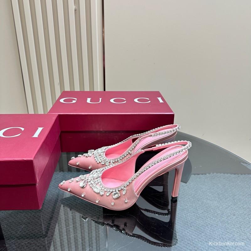 2025 Women Gucci Pink Silk High Heel Slingback Crystal LY00340