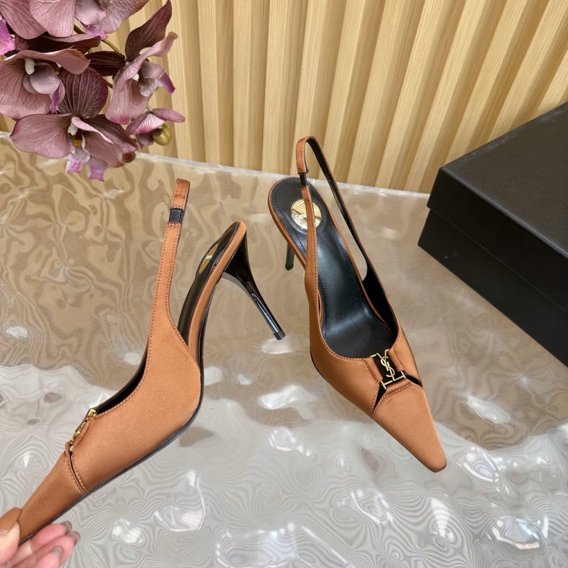 2025 Women Yves Saint Laurent Brown Leather Slingback Pumps MJ00300