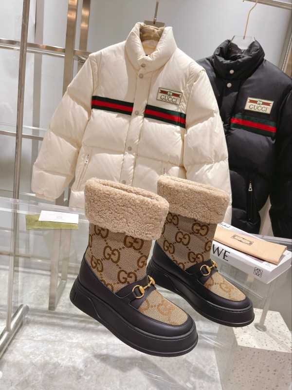 2024 Women Gucci Beige Brown Leather Shearling Snow Boots MJ00420