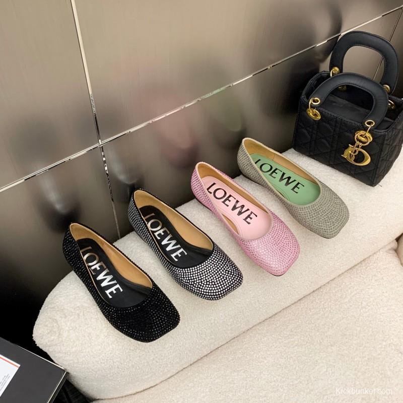 2025 Women Loewe Pink Lambskin Rhinestone Ballet Flats LY00291