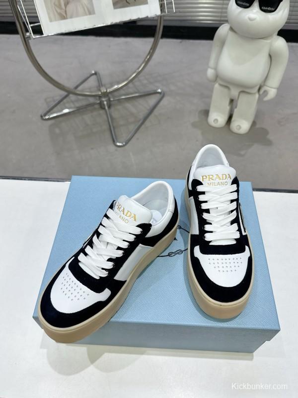 2025 Women Prada Black White Leather Suede Sneakers Downtown Bold KFY00310