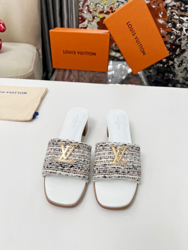 2025 Women Louis Vuitton White Brown Tweed Leather Sandals LY00220