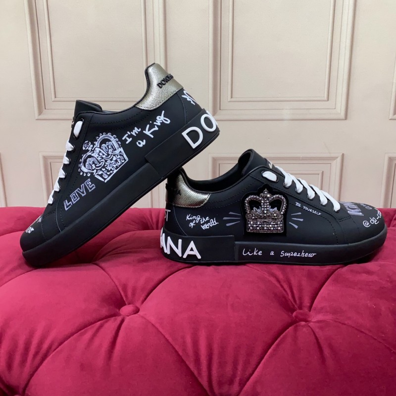 2025 Men Dolce & Gabbana Black Silk Leather Sneakers Crown Embellishment LY00360