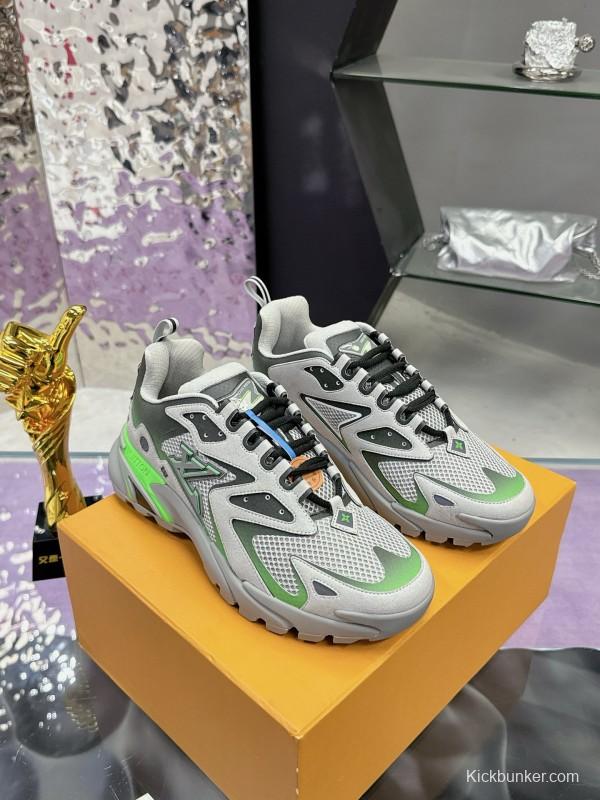 2025 Men Louis Vuitton Green Grey Mesh Leather Sneakers MJ00420