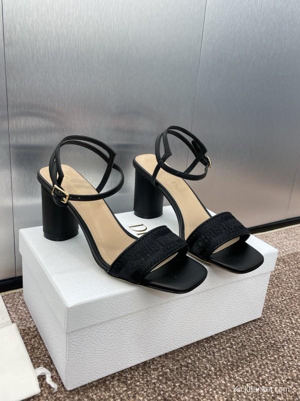 2025 Women Dior Black Leather Fabric Sandals