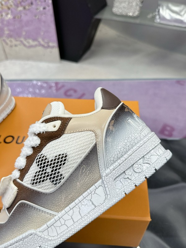 2024 Unisex Louis Vuitton White Brown Leather Mesh Plimsolls Waxed Vintage MJ00500