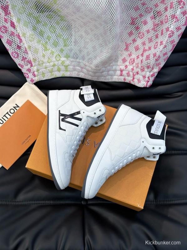 2024 Men Louis Vuitton White Black Leather High-Top Sneakers MJ00420