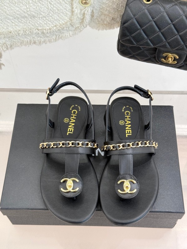 2025 Women Chanel Black Leather Sandals KFY00250