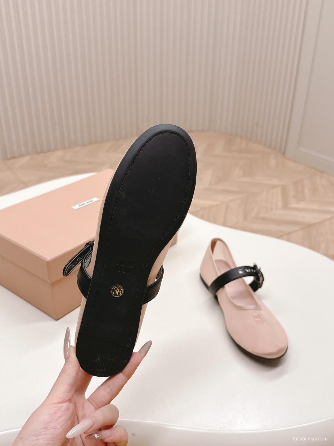 2025 Women Miu Miu Pink Black Fabric Leather Ballet Flats