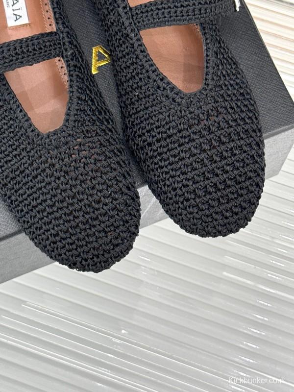 2025 Women AlAIA Black Woven Leather Mary Jane KFY00310