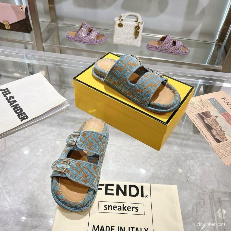 2025 Fendi Blue Beige Jacquard Fabric Slippers Buckle MJ00230