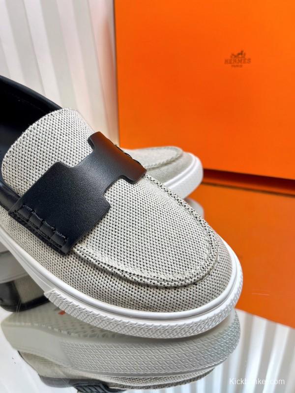 2025 Unisex Hermès Black White Leather Fabric Loafers LY00310(F)/LY00320(M)