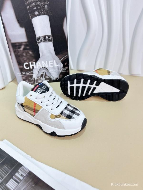 2024 Kids BURBERRY Beige White Black Leather Fabric Sneakers