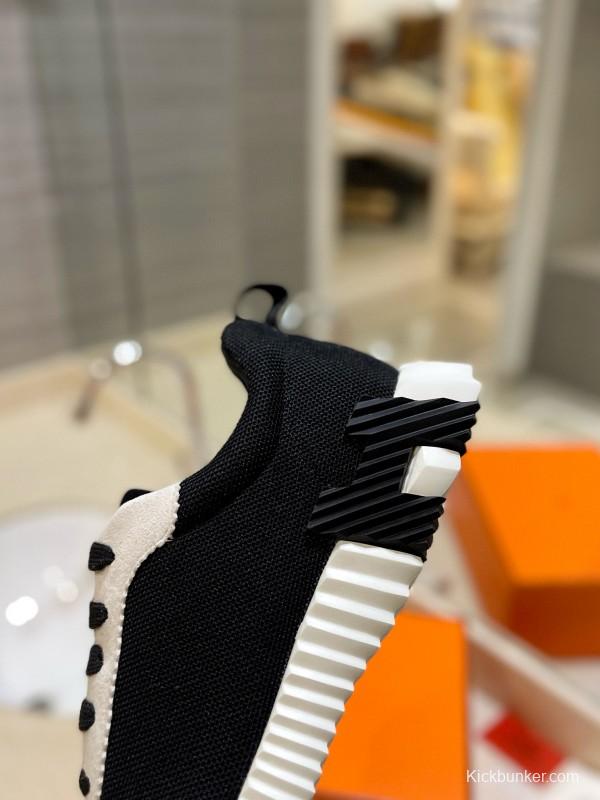 2024 Unisex Hermès Black White Knitted Leather Sneakers